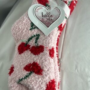 NWT Pink/Red Cherry Fuzzy Socks (2 pairs)